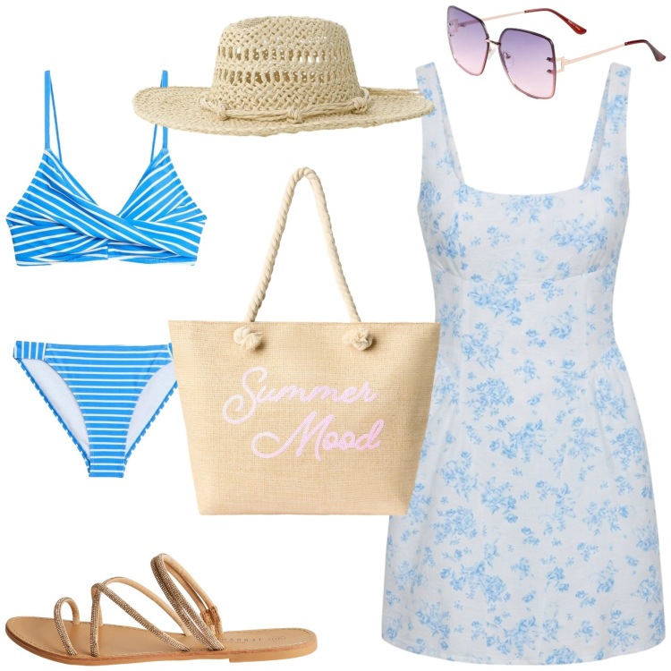 Outfit donna - Al mare. Stile Romantica per Mare. Abbinamento con occhiali da sole, bikini, vestiti corti, borse tote, sandali, cappelli.