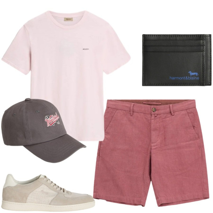 Outfit uomo - Total look #2427649. Stile Urban per Tutti i giorni. Abbinamento con portafogli, sneakers, t-shirt, cappelli con visiera, bermuda.