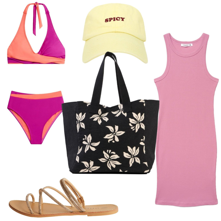 Outfit donna - Amo tutti i colori. Stile Trendy per Mare. Abbinamento con bikini, shopping bag, vestiti midi/longuette, cappelli con visiera, sandali.