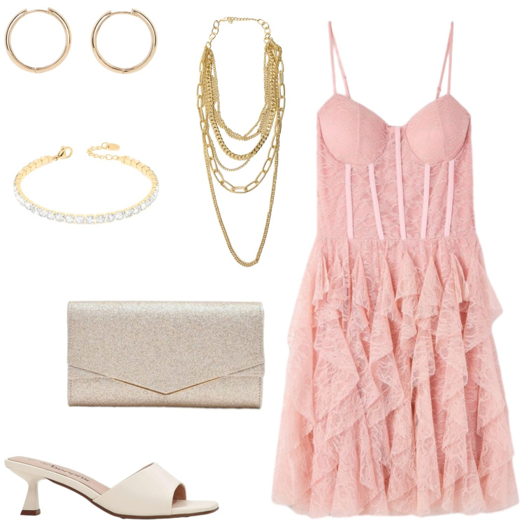 Outfit donna - L\'abito romantico e trendy. Stile Romantica per Serata fuori. Abbinamento con sandali, orecchini, vestiti corti, clutch, collane, braccialetti.