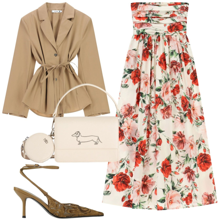 Outfit donna - Grandi fiori estivi. Stile Chic per Cerimonia. Abbinamento con décolleté, vestiti midi/longuette, blazer, borse a tracolla.