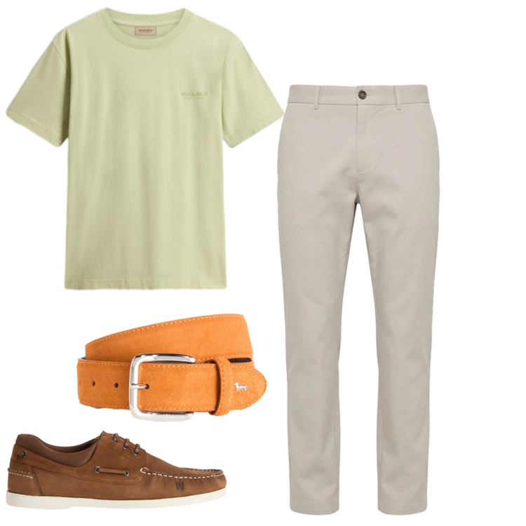 Outfit uomo - Estivo. Stile Casual per Tutti i giorni. Abbinamento con pantaloni, cinture, t-shirt, scarpe stringate.