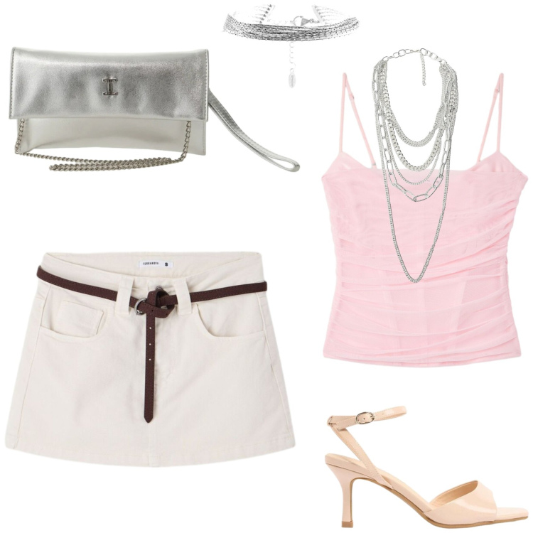 Outfit donna - Serata fuori. Stile Trendy per Serata fuori. Abbinamento con sandali col tacco, minigonne, canottiere, borse a tracolla, collane, braccialetti.