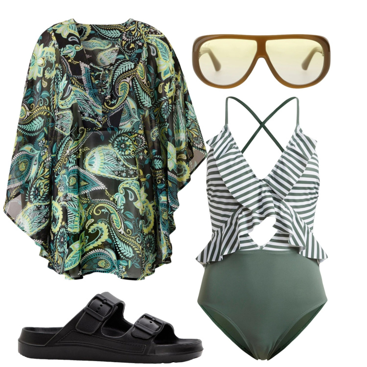 Outfit donna - Total look #2427680. Stile Chic per Mare. Abbinamento con vestiti da spiaggia, costumi interi, ciabatte, occhiali da sole.