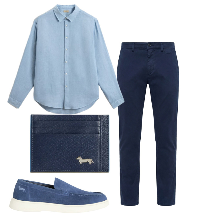 Outfit uomo - Blu. Stile Casual per Tutti i giorni. Abbinamento con portafogli, pantaloni chino, scarpe stringate, camicie.