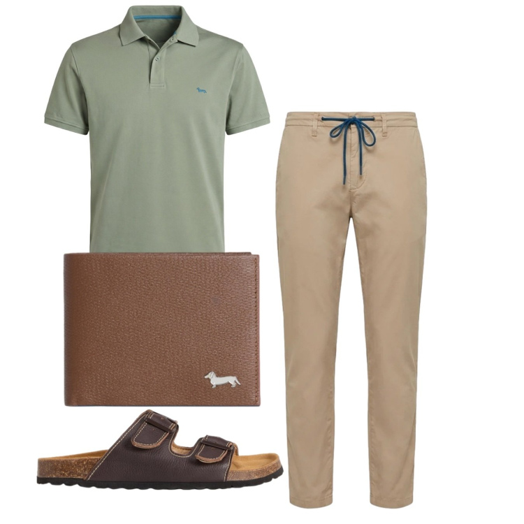 Outfit uomo - Weekend. Stile Casual per Tutti i giorni. Abbinamento con polo, pantaloni, portafogli, sandali.