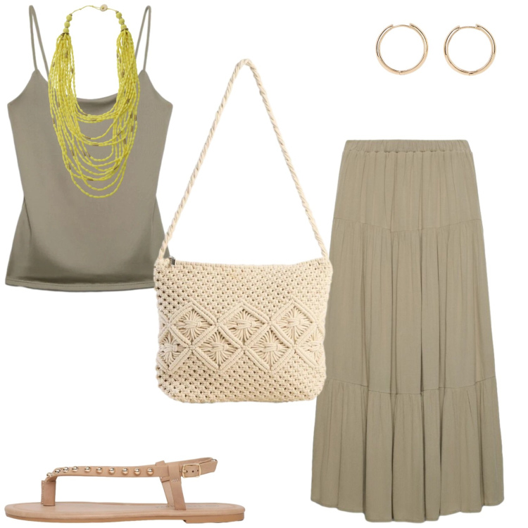 Outfit donna - Boho vibes. Stile Boho per Serata fuori. Abbinamento con orecchini, borse a tracolla, gonne lunghe, canottiere, ciabatte, collane.