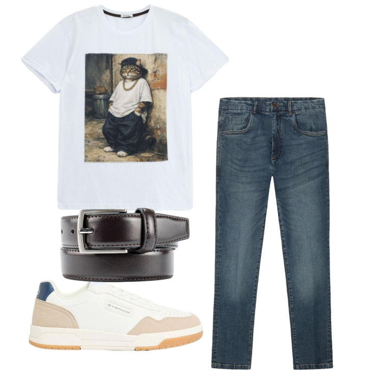 Outfit uomo - Tshirt. Stile Casual per Tutti i giorni. Abbinamento con sneakers, cinture, jeans, t-shirt.