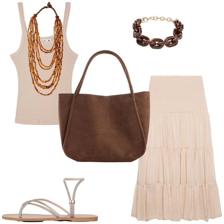 Outfit donna - Boho vibes. Stile Boho per Serata fuori. Abbinamento con braccialetti, shopping bag, gonne lunghe, sandali, canottiere, collane.