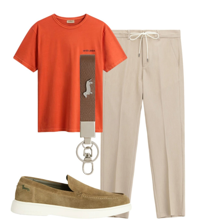 Outfit uomo - Orange. Stile Casual per Tutti i giorni. Abbinamento con portachiavi, scarpe stringate, t-shirt, pantaloni.
