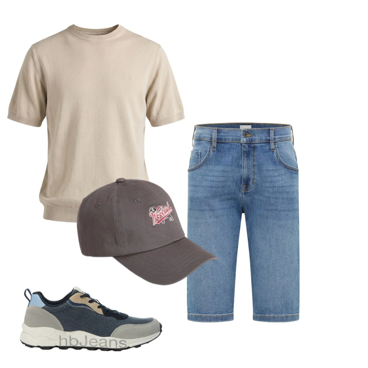 Outfit uomo - Vacanze. Stile Casual per Tutti i giorni. Abbinamento con bermuda, t-shirt, sneakers, cappelli con visiera.