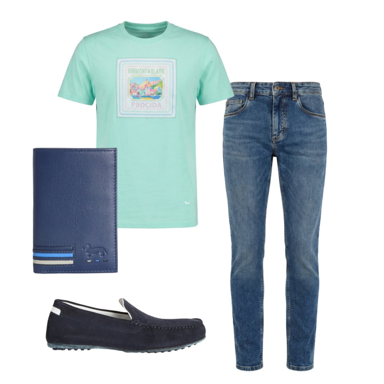 Outfit uomo - Casual. Stile Casual per Tutti i giorni. Abbinamento con scarpe stringate, portafogli, jeans slim fit, t-shirt.