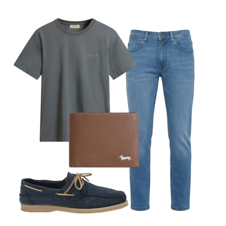 Outfit uomo - Casual mood. Stile Casual per Tutti i giorni. Abbinamento con scarpe stringate, jeans slim fit, portafogli, t-shirt.