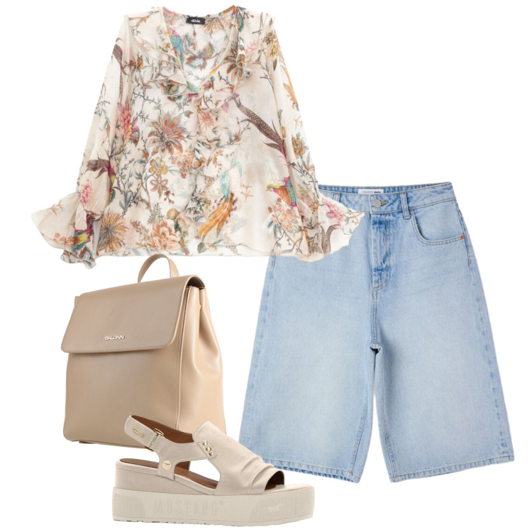 Outfit donna - Florage e bermuda. Stile Bon Ton per Ufficio. Abbinamento con zaini, sandali, bermuda, bluse.