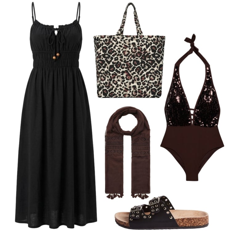 Outfit donna - In spiaggia con Terranova. Stile Trendy per Mare. Abbinamento con vestiti lunghi, costumi interi, shopping bag, ciabatte, foulard.