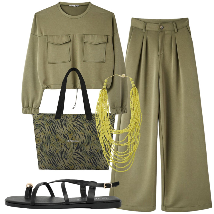 Outfit donna - Casual. Stile Casual per Tutti i giorni. Abbinamento con pantaloni, sandali, felpe, shopping bag, collane.