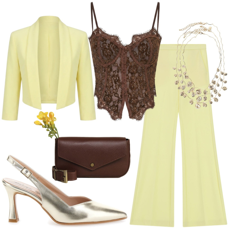 Outfit donna - Chic. Stile Chic per Serata fuori. Abbinamento con top, bolero, pantaloni, borse a tracolla, collane, décolleté.