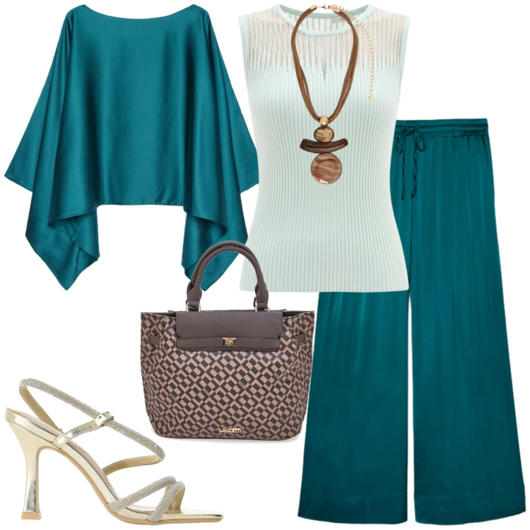 Outfit donna - Serata. Stile Chic per Serata fuori. Abbinamento con cappe, pantaloni, ciondoli, top, sandali col tacco, borse a mano.