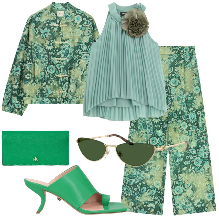 Outfit donna - Fantasia. Stile Casual chic per Serata fuori. Abbinamento con ciabatte, top, bomber, pantaloni a palazzo, portafogli, occhiali da sole.