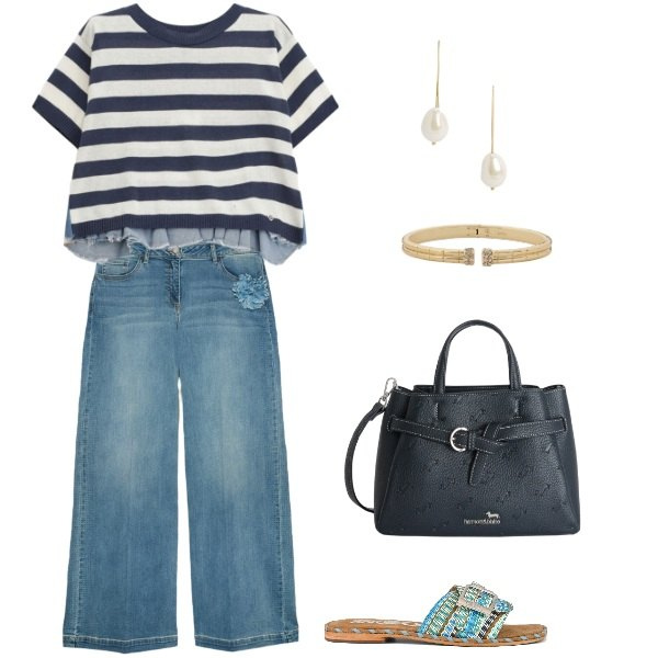 Outfit donna - Sere d\'estate. Stile Minimal per Serata fuori. Abbinamento con borse a mano, t-shirt, jeans, orecchini, braccialetti, ciabatte.