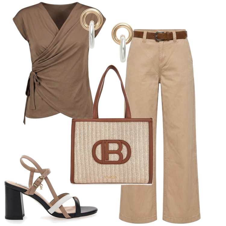 Outfit donna - Summer sale style. Stile Casual chic per Tutti i giorni. Abbinamento con pantaloni, t-shirt, orecchini, borse a spalla, sandali col tacco.