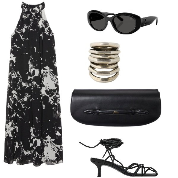 Outfit donna - Per una occasione speciale. Stile Bon Ton per Cerimonia. Abbinamento con sandali col tacco, vestiti lunghi, anelli, occhiali da sole, clutch.
