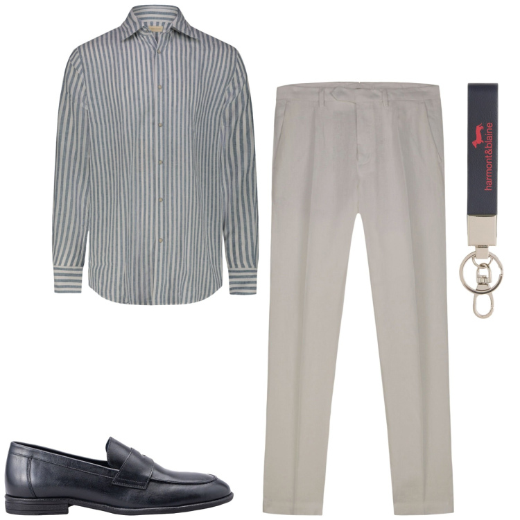 Outfit uomo - Lino in città. Stile Urban per Tutti i giorni. Abbinamento con portachiavi, pantaloni, scarpe stringate, camicie.