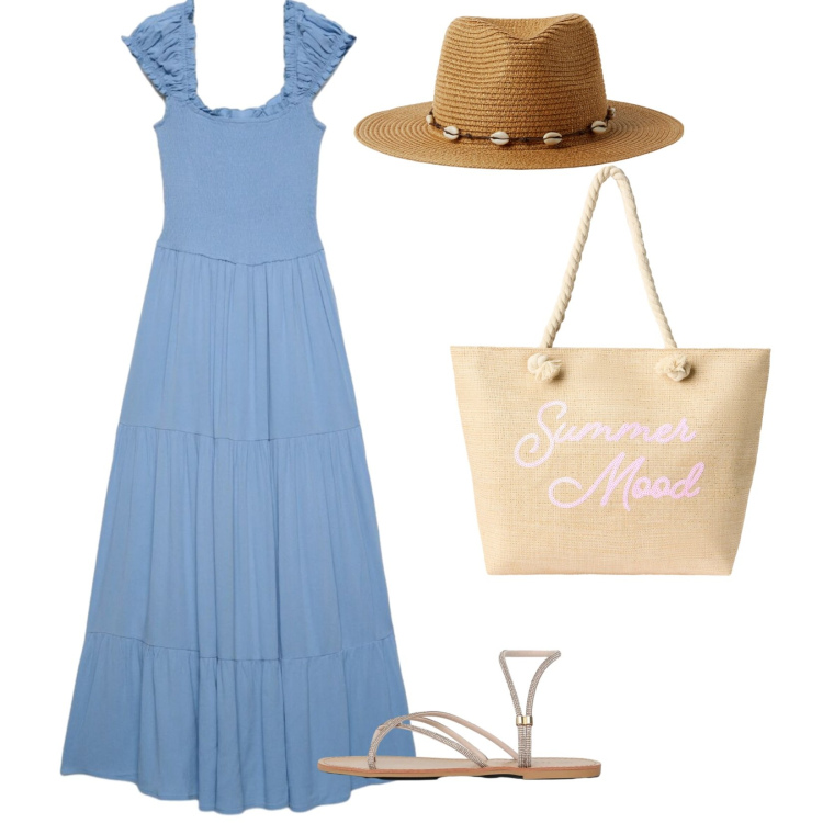 Outfit donna - Una passeggiata mattutina. Stile Bon Ton per Tutti i giorni. Abbinamento con vestiti lunghi, cappelli, borse tote, sandali.