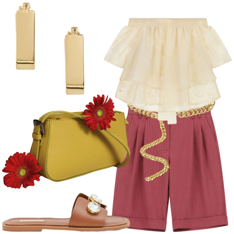 Outfit donna - Ritiro una raccomandata. Stile Casual chic per Tutti i giorni. Abbinamento con sandali gioiello, bermuda, bluse, borse a spalla, cinture, orecchini.