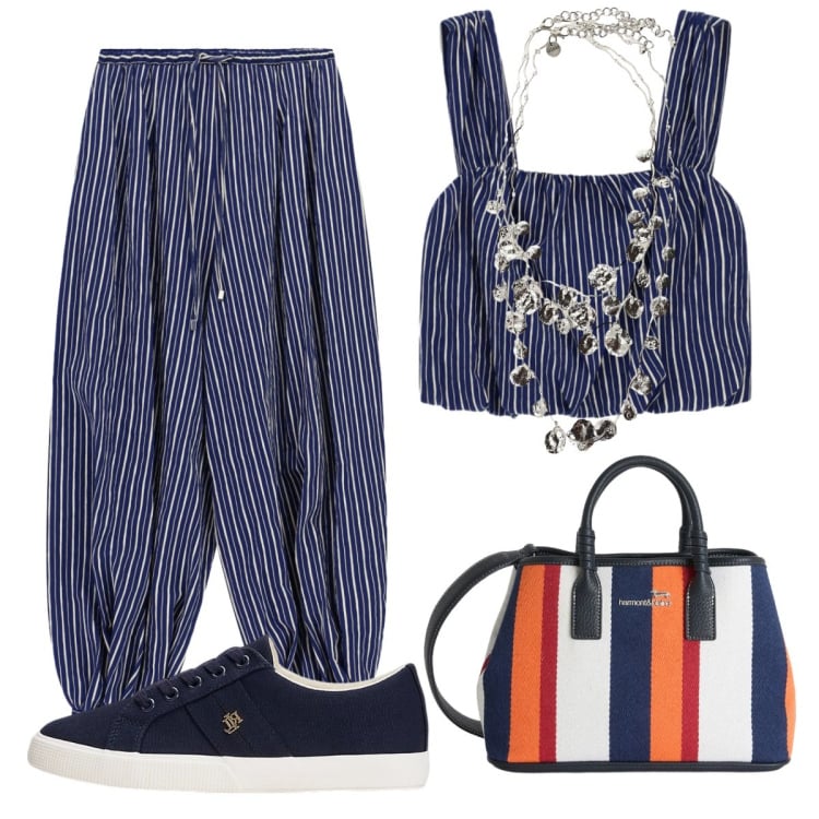 Outfit donna - Andiamo al supermercato. Stile Sporty chic per Tutti i giorni. Abbinamento con shopping bag, top, pantaloni a palazzo, collane, sneakers.