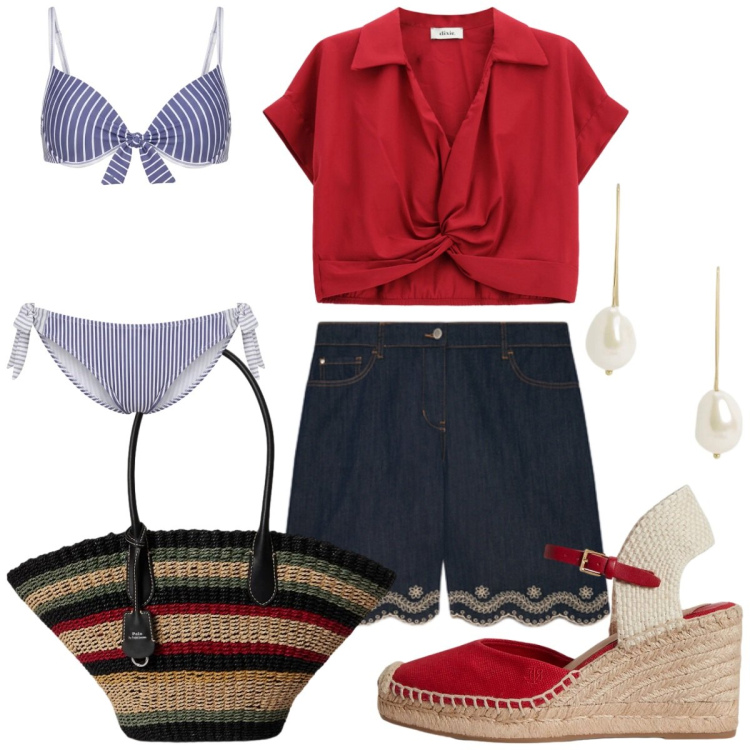 Outfit donna - Weekend al mare. Stile Casual chic per Tutti i giorni. Abbinamento con top, bikini, bermuda, borse tote, zeppe, orecchini.