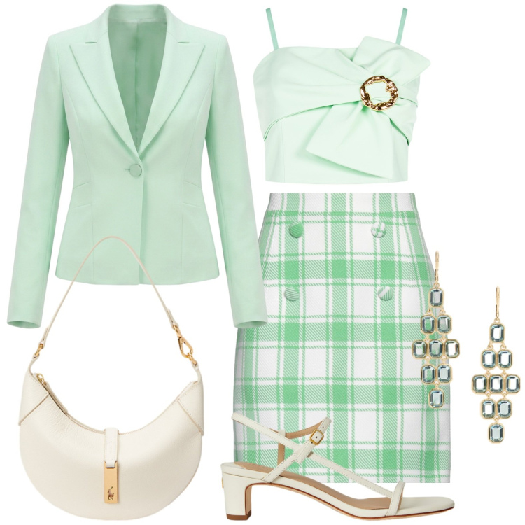 Outfit donna - Total look #2427781. Stile Chic per Serata fuori. Abbinamento con minigonne, top, blazer, borse a spalla, sandali in pelle, orecchini.