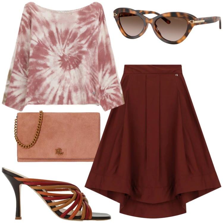 Outfit donna - Total look #2427784. Stile Casual chic per Serata fuori. Abbinamento con top, sandali, gonne lunghe, occhiali da sole, borse a tracolla.