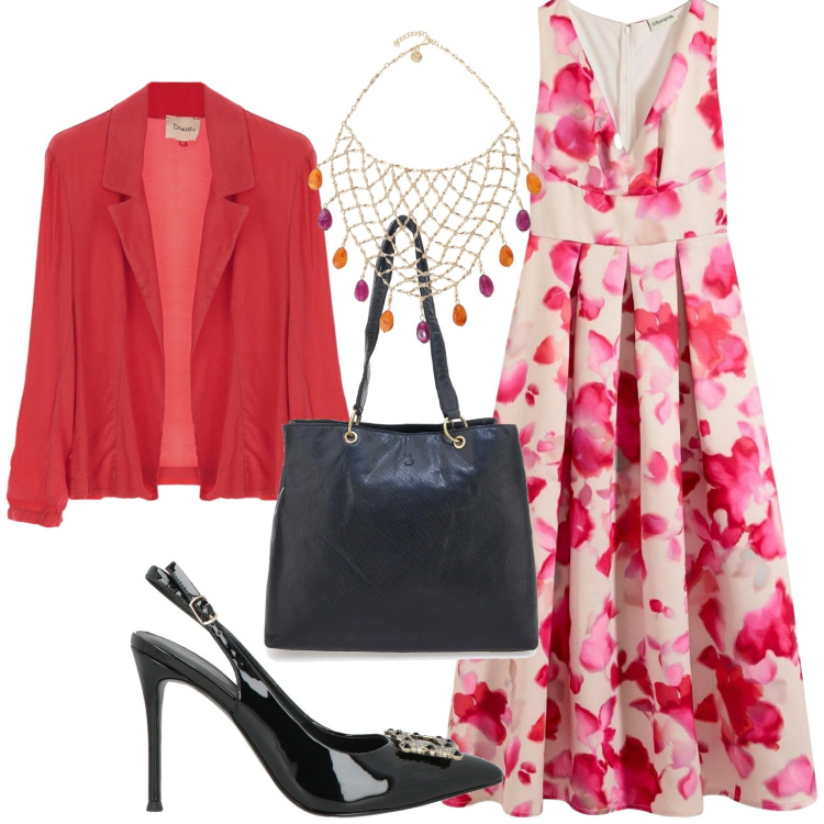 Outfit donna - Floreale. Stile Chic per Cerimonia. Abbinamento con décolleté, vestiti lunghi, collane, blazer, shopping bag.