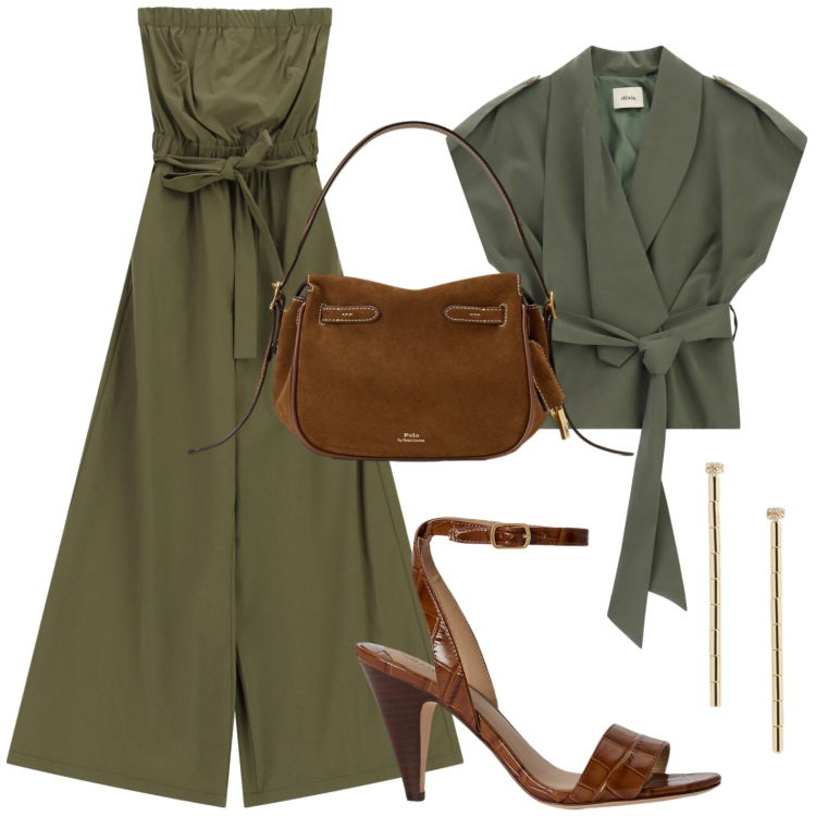 Outfit donna - Occasione informale. Stile Basic per Serata fuori. Abbinamento con tute, blazer, borse a mano, orecchini, sandali in pelle.