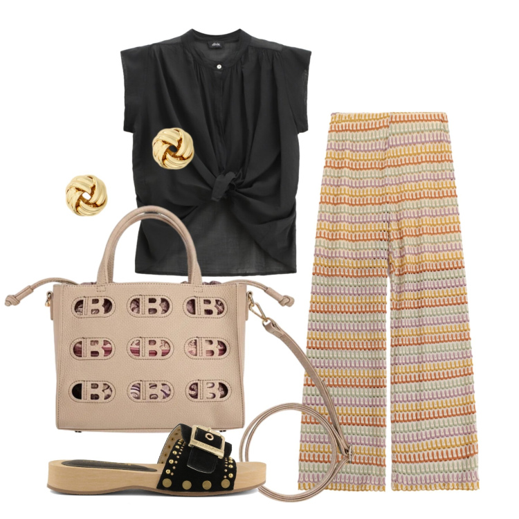 Outfit donna - Luglio. Stile Trendy per Tutti i giorni. Abbinamento con camicie a manica corta, pantaloni a palazzo, orecchini, ciabatte, borse a mano.