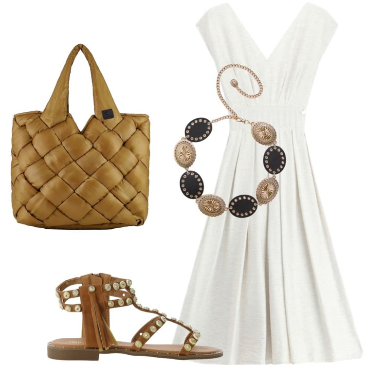 Outfit donna - In città. Stile Glamour per Tutti i giorni. Abbinamento con cinture, vestiti midi/longuette, sandali, borse tote.