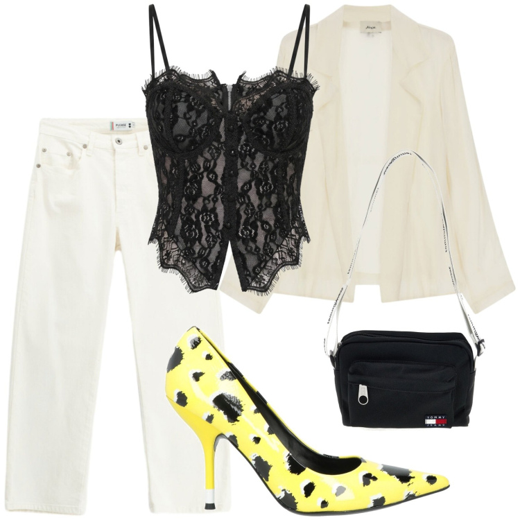 Outfit donna - Serata glamour. Stile Glamour per Serata fuori. Abbinamento con décolleté, pantaloni, blazer, top, borse a tracolla.
