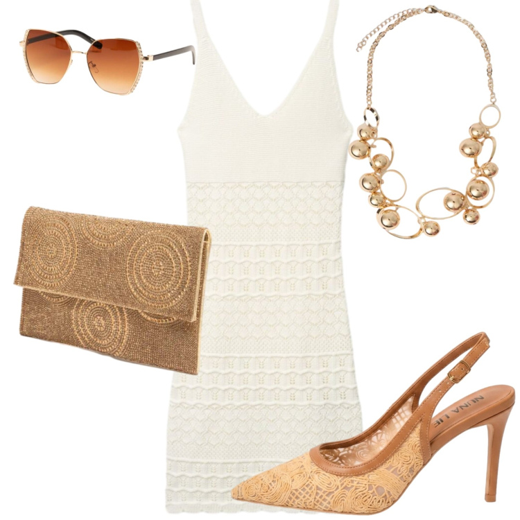 Outfit donna - Sogno Estivo Intrecciato. Stile Romantica per Serata fuori. Abbinamento con vestiti corti, cardigans, clutch, occhiali da sole, décolleté, collane.