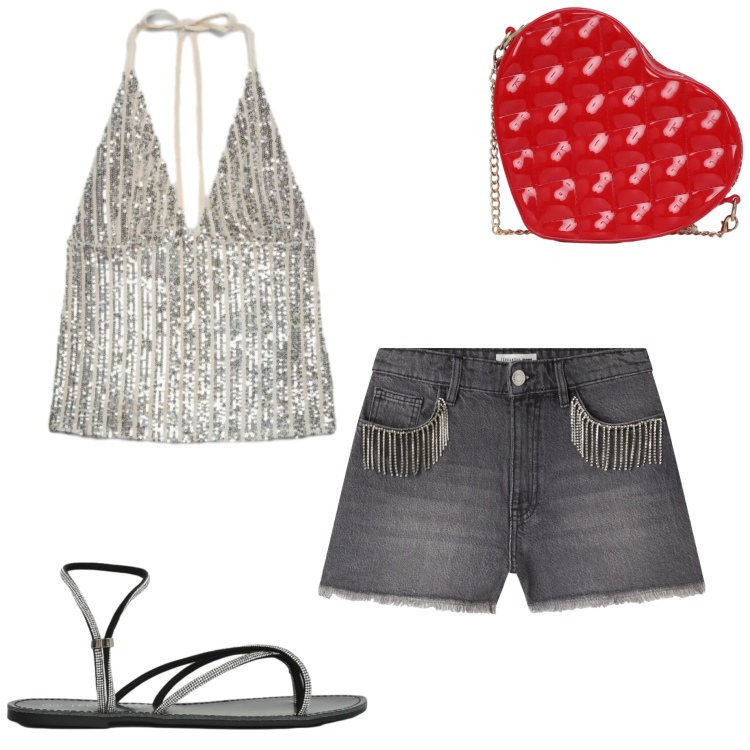 Outfit donna - Summer Terranova. Stile Casual chic per Serata fuori. Abbinamento con top, shorts, sandali, borse a tracolla.