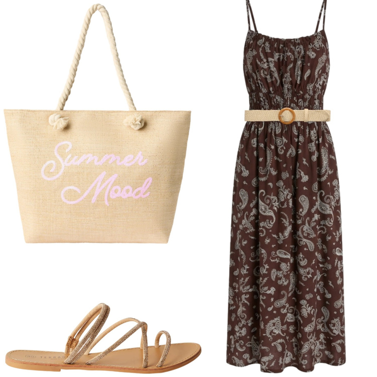 Outfit donna - Summer Terranova. Stile Basic per Mare. Abbinamento con cinture, vestiti lunghi, sandali, borse tote.
