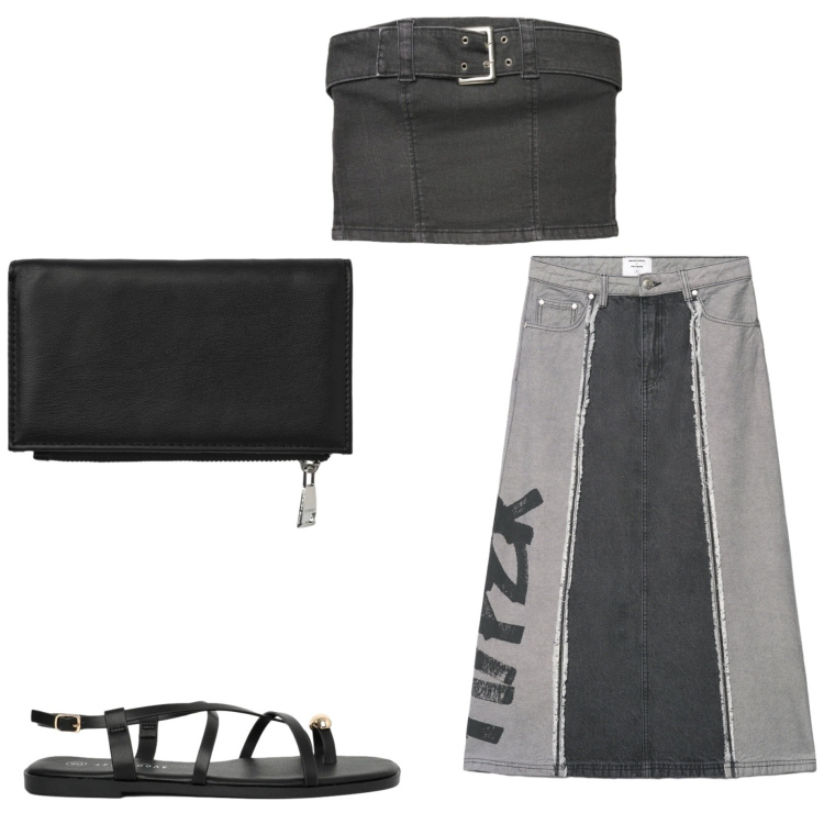 Outfit donna - Summer Terranova. Stile Casual per Tutti i giorni. Abbinamento con portafogli, top, gonne lunghe, sandali.