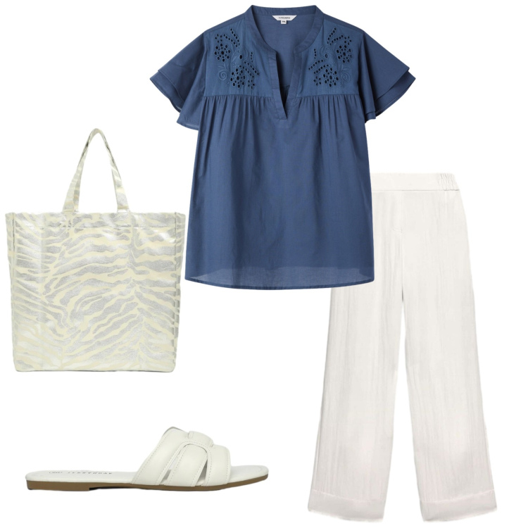 Outfit donna - Summer Terranova. Stile Urban per Ufficio. Abbinamento con bluse, shopping bag, pantaloni, ciabatte.