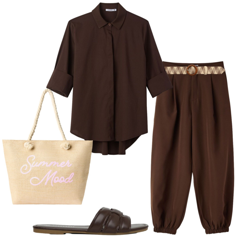 Outfit donna - Summer Terranova. Stile Urban per Ufficio. Abbinamento con pantaloni, camicie, cinture, borse tote, ciabatte.