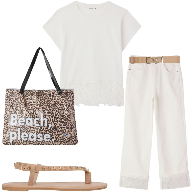 Outfit donna - Summer Terranova. Stile Urban per Ufficio. Abbinamento con t-shirt, cinture, borse tote, ciabatte, jeans.