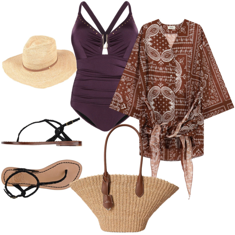 Outfit donna - Weekend al mare. Stile Casual chic per Mare. Abbinamento con cappelli, infradito, vestiti corti, costumi interi, borse tote.