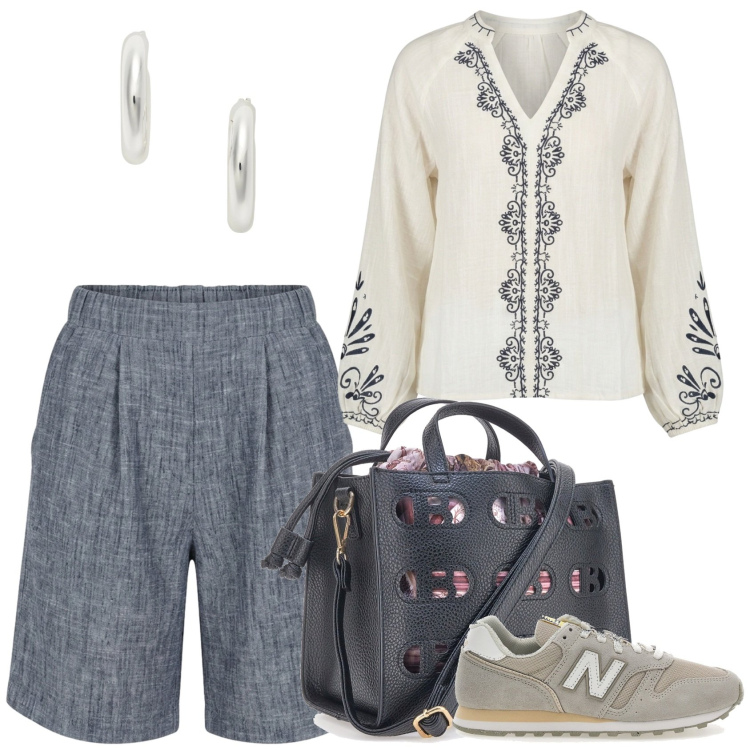 Outfit donna - La blusa etnica. Stile Boho per Tutti i giorni. Abbinamento con bermuda, bluse, orecchini, borse a mano, sneakers.