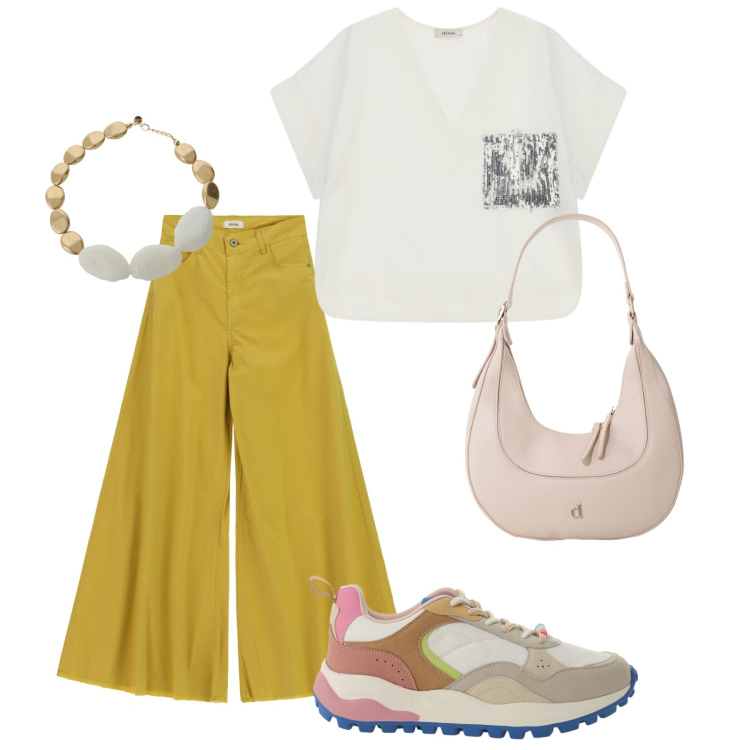 Outfit donna - Total look #2427833. Stile Casual chic per Tutti i giorni. Abbinamento con pantaloni a palazzo, sneakers, bluse, borse a tracolla, collane.