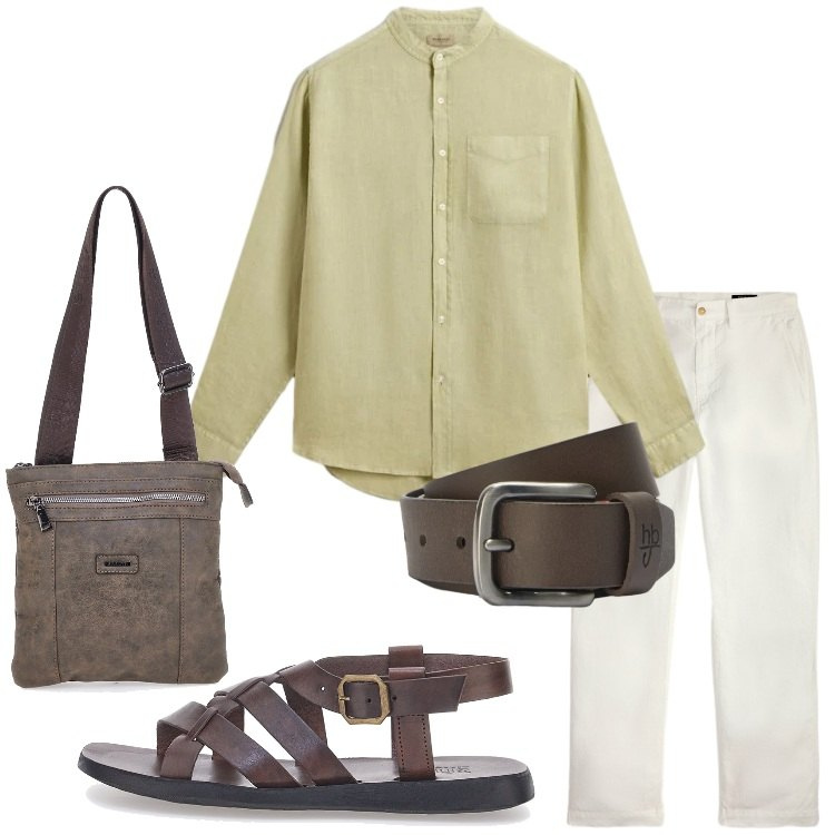 Outfit uomo - Lino in città. Stile Trendy per Tutti i giorni. Abbinamento con cinture, camicie, pantaloni, sandali, portafogli.