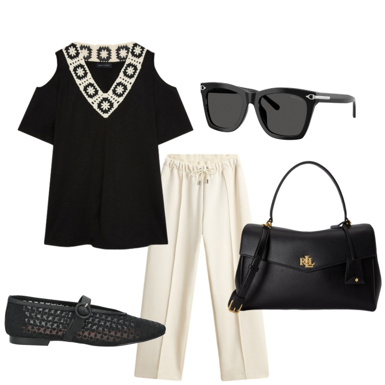 Outfit donna - Total look #2427835. Stile Casual chic per Tutti i giorni. Abbinamento con ballerine, t-shirt, occhiali da sole, borse a mano, pantaloni.